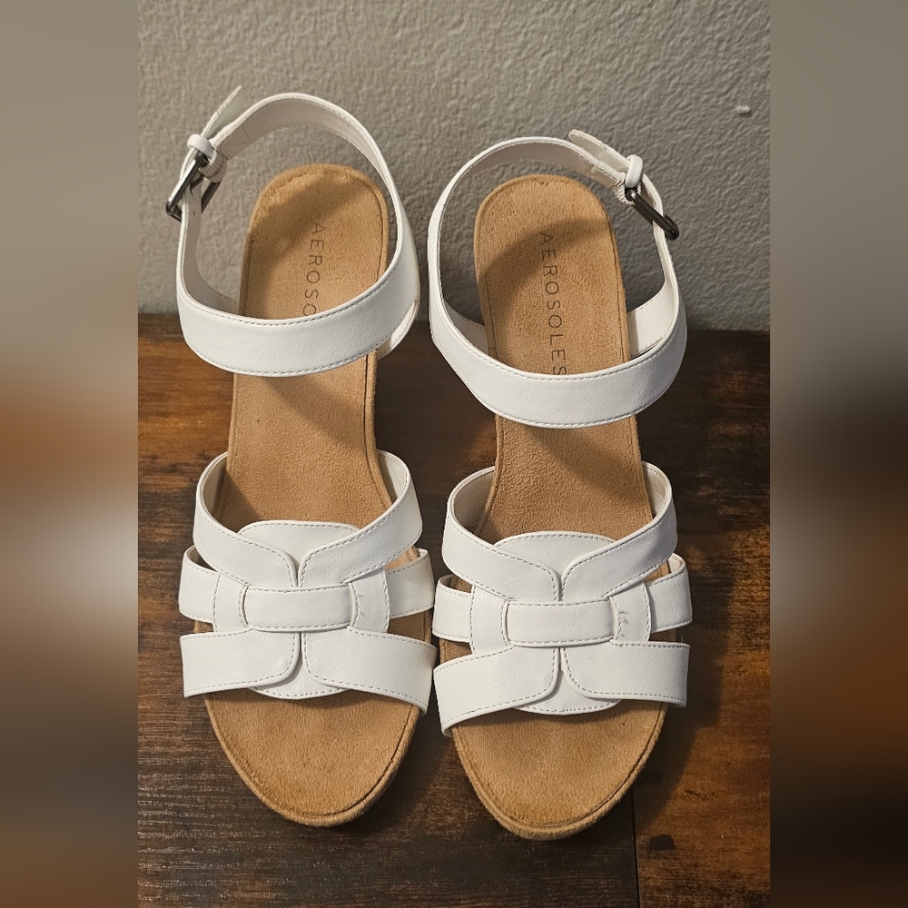 Aerosoles Women's Pennsville Cork Wedge Sandal Size 10‎ White Preppy Summer